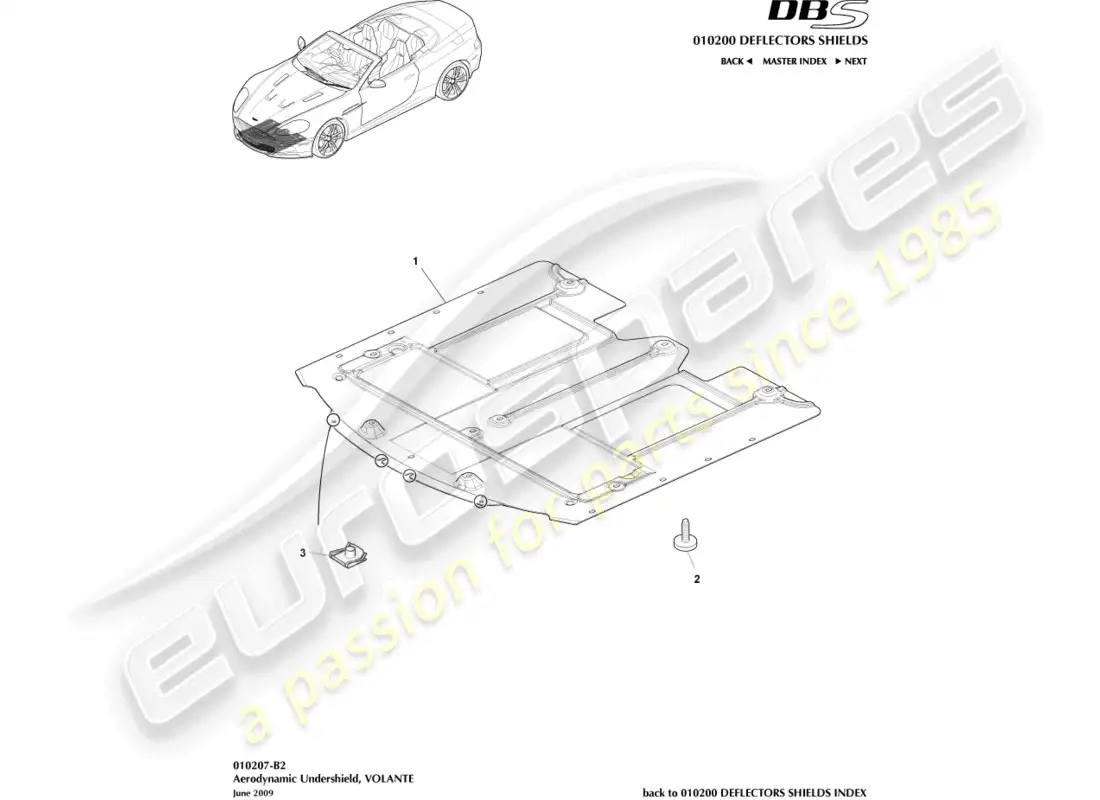 aston martin dbs (2008) front undershield, volante parts diagram