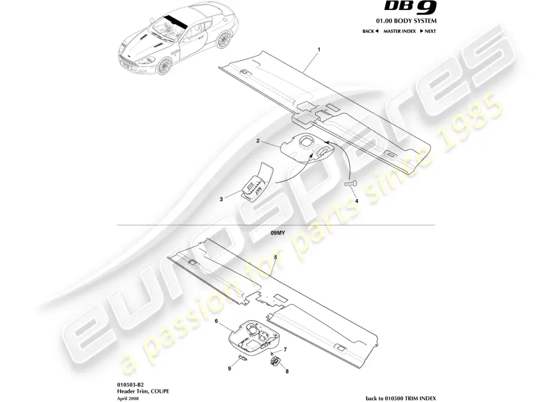 aston martin db9 (2004) header trim, coupe part diagram