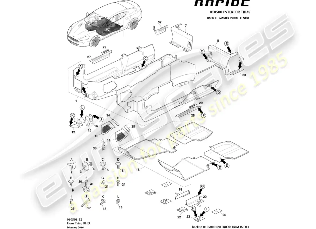 aston martin rapide (2016) main floor trim, rhd parts diagram