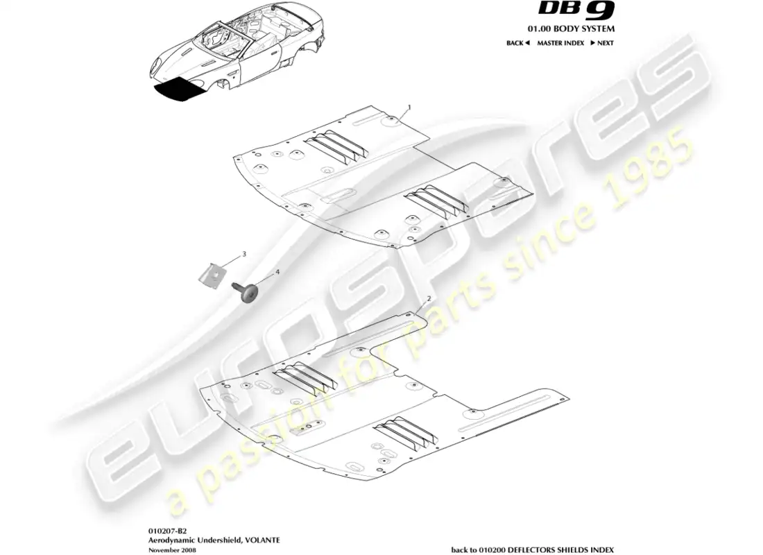 aston martin db9 (2004) front undershield, volante parts diagram