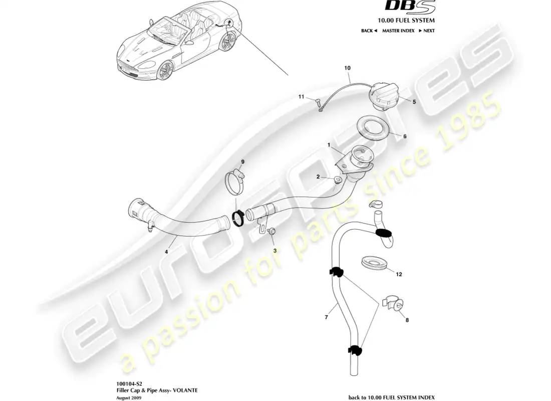aston martin dbs (2009) fuel filler cap & pipe, volante parts diagram