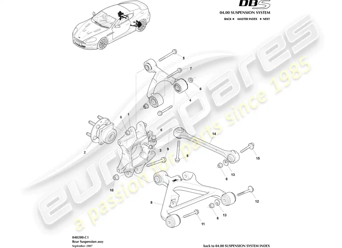 aston martin dbs (2009) rear suspension assembly parts diagram