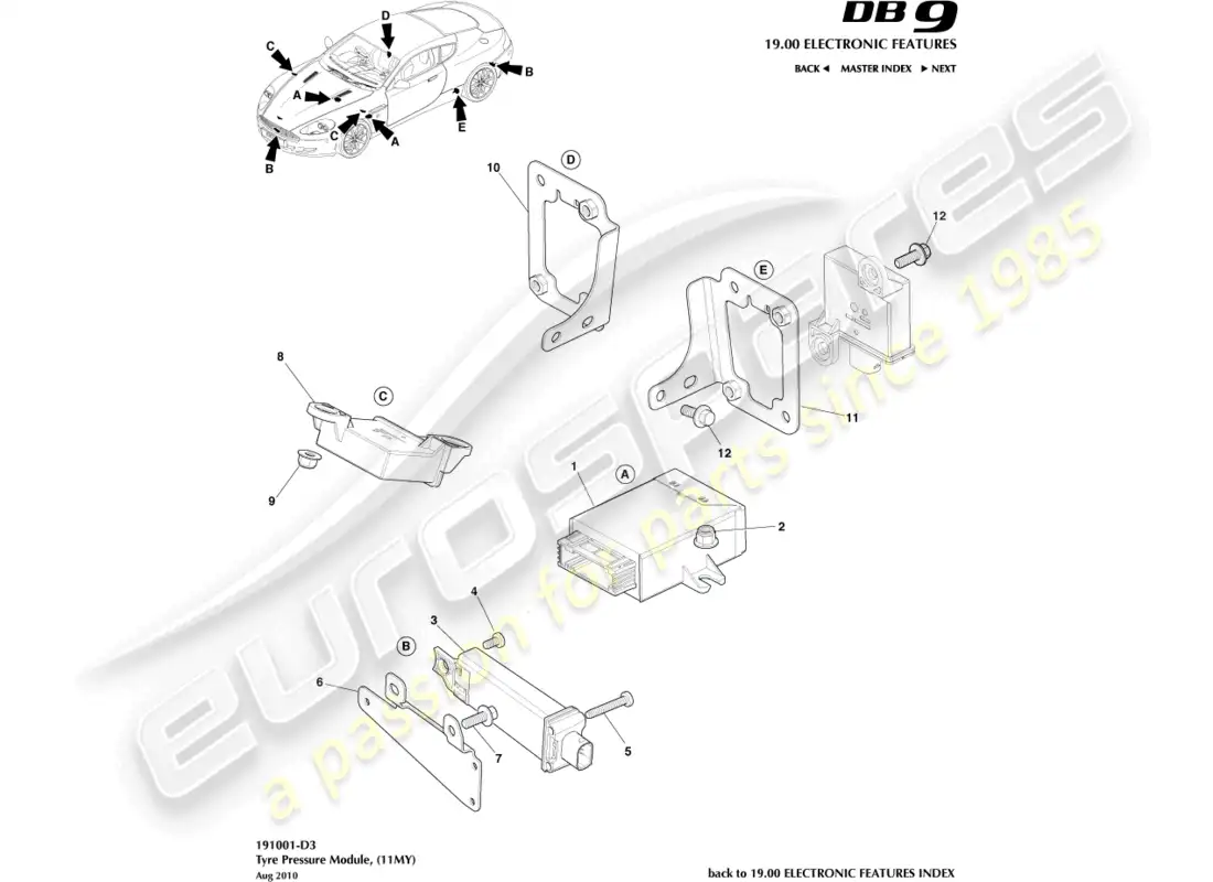 aston martin db9 (2012) tyre pressure module, 11my parts diagram