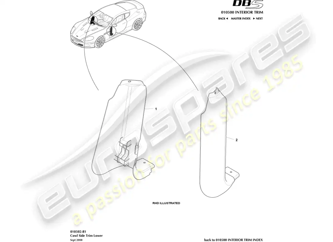 aston martin dbs (2010) cowl side trim, lower parts diagram