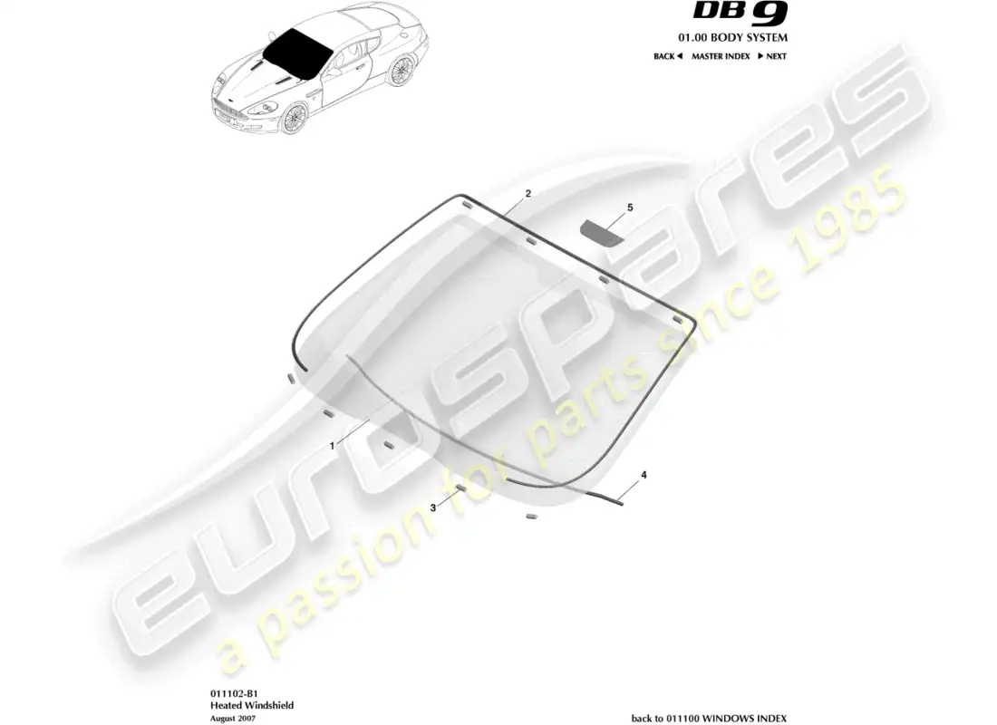 aston martin db9 (2004) windscreen, heated parts diagram