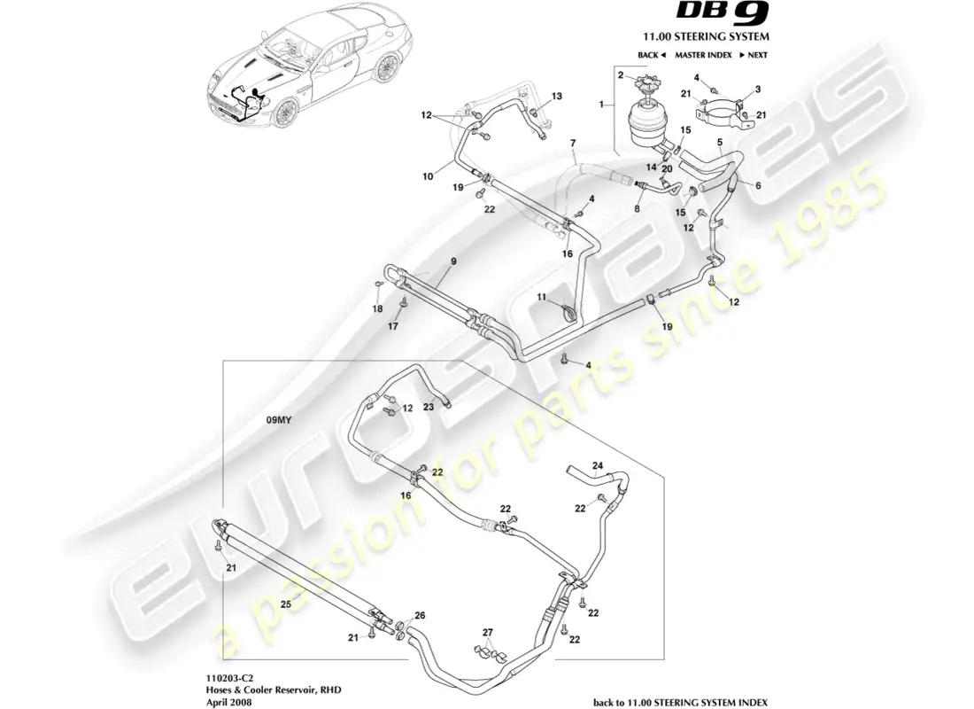 aston martin db9 (2011) cooler, hoses & reservoir, rhd parts diagram