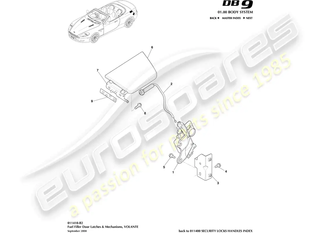aston martin db9 (2011) fuel filler mechanism, volante parts diagram