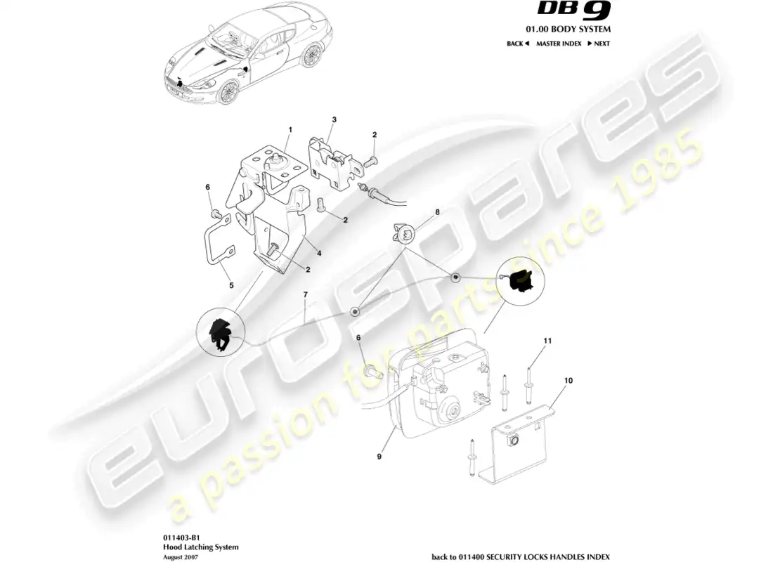 aston martin db9 (2004) hood latch system parts diagram