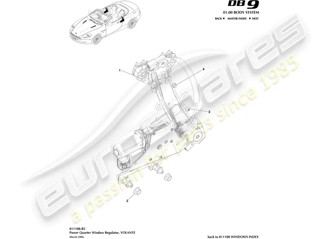 aston martin db9 (2006) rear quarter regulators, volante parts diagram