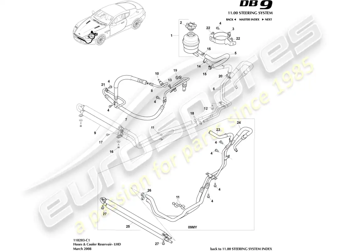 aston martin db9 (2007) cooler, hoses & reservoir, lhd parts diagram
