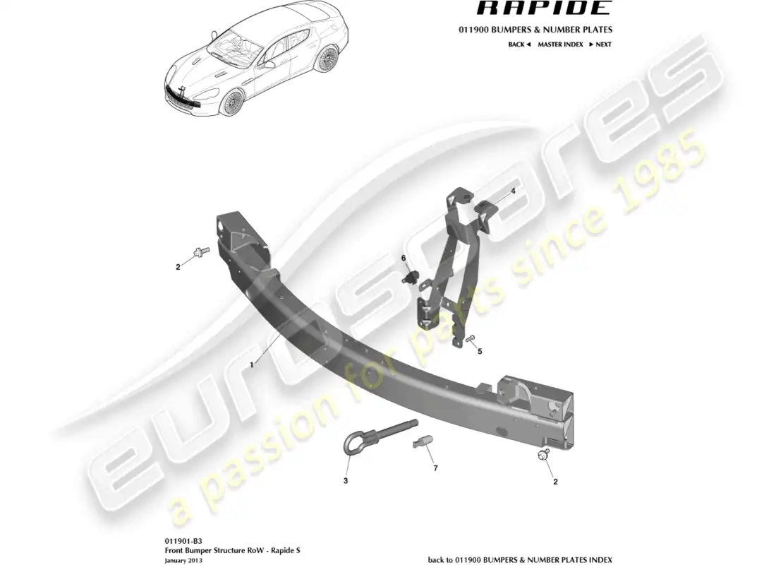 aston martin rapide (2011) front bumper structure, s row parts diagram