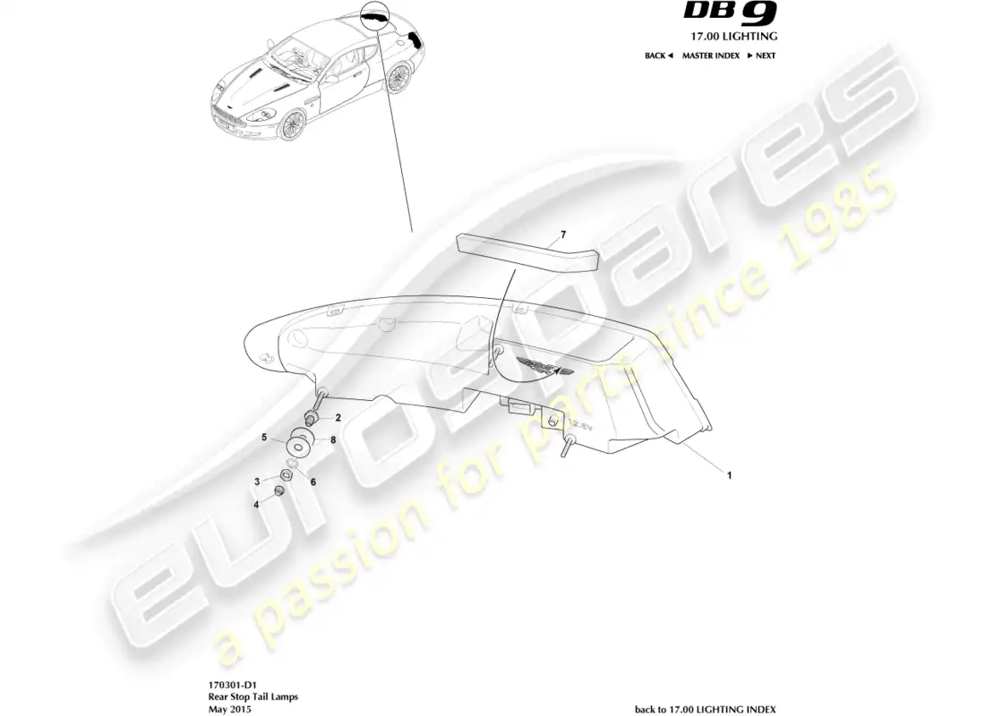 aston martin db9 (2009) rear lamps parts diagram
