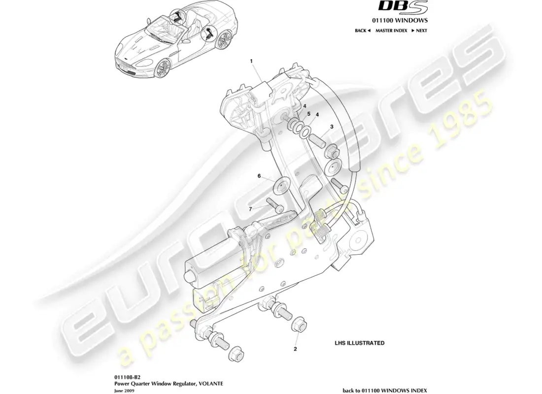 aston martin dbs (2009) rear quarter regulators, volante parts diagram