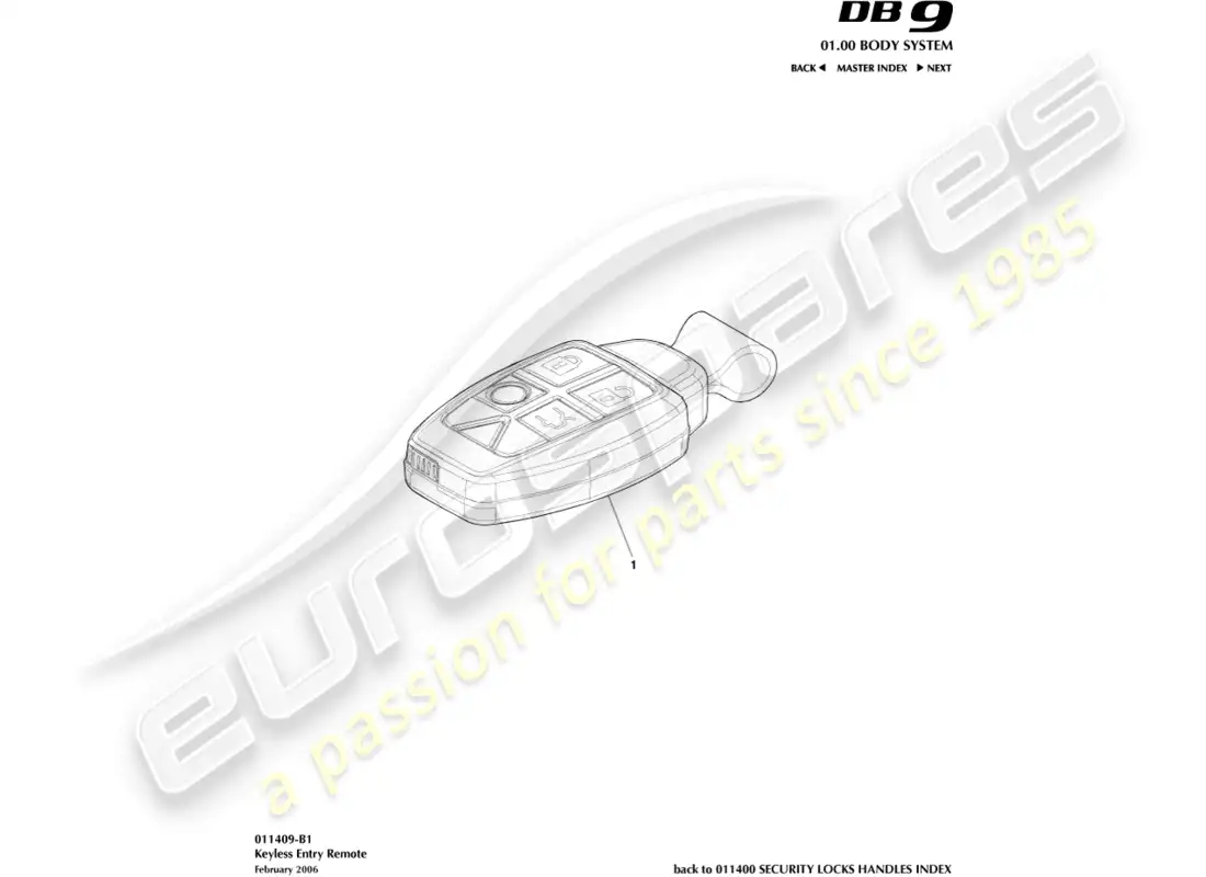 aston martin db9 (2011) keyless entry remote parts diagram