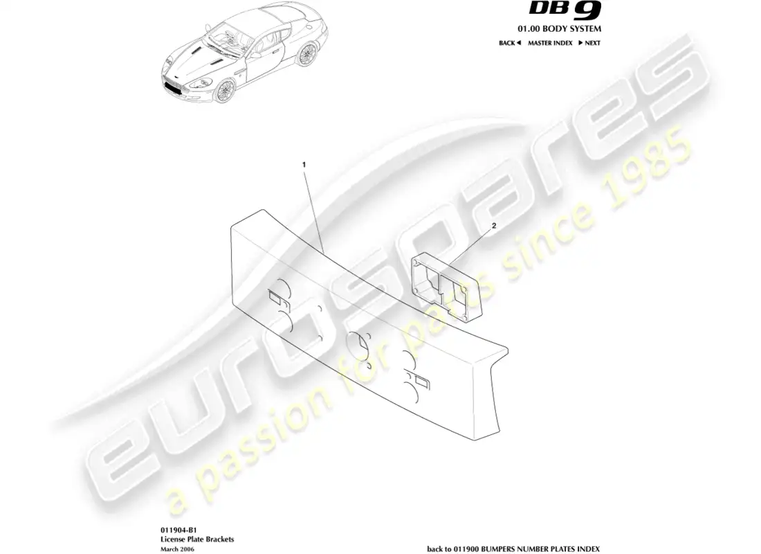 aston martin db9 (2011) license plate brackets parts diagram