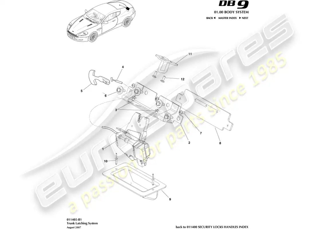 aston martin db9 (2011) trunk latch system parts diagram