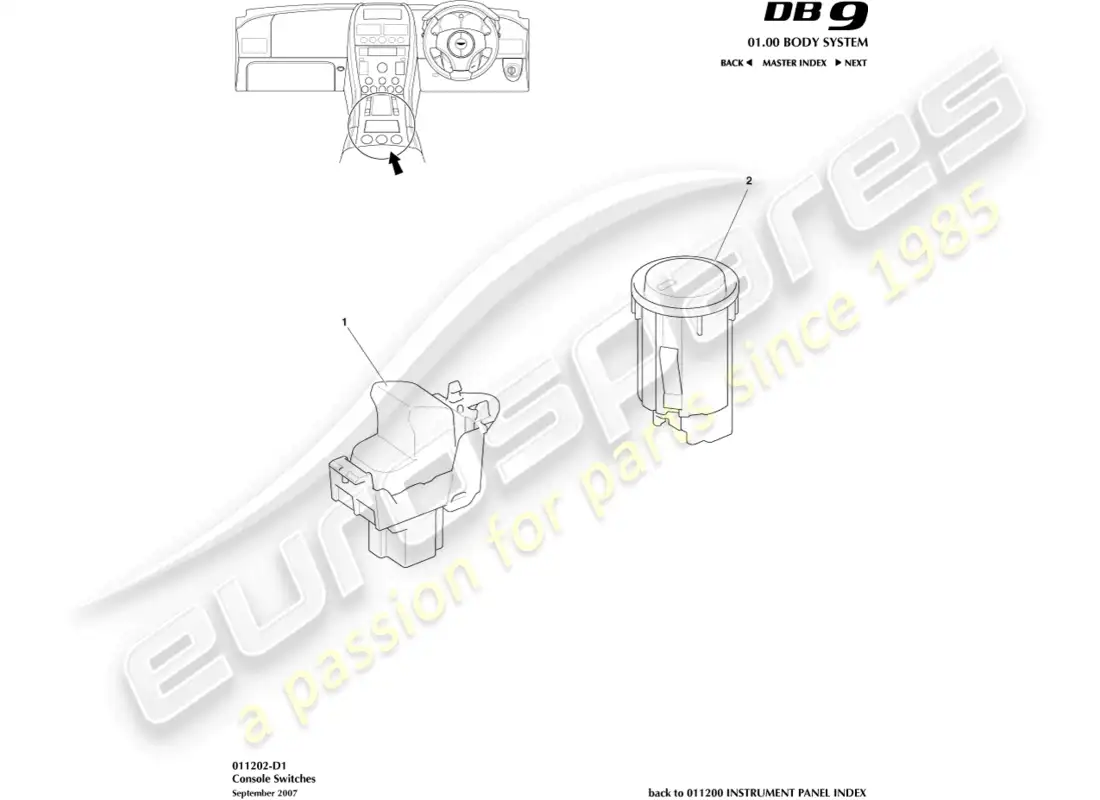 aston martin db9 (2004) console switches parts diagram