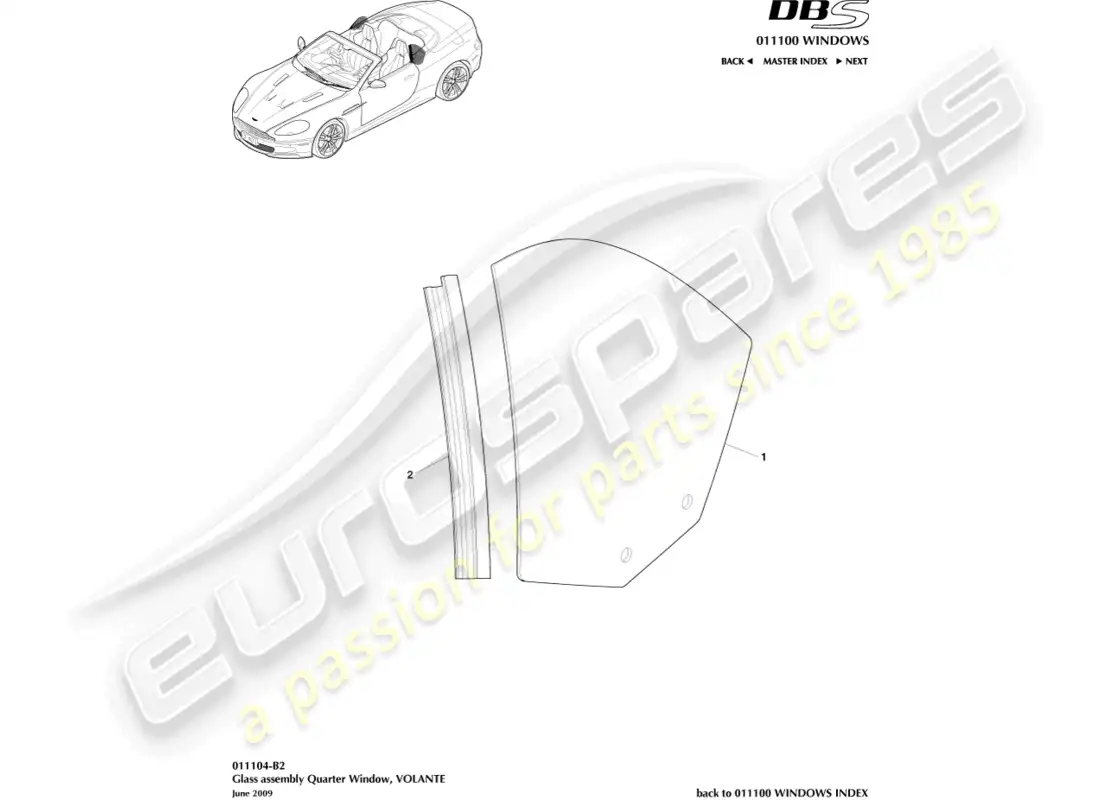 aston martin dbs (2009) rear quarter glass, volante parts diagram