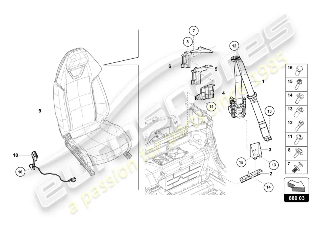 lamborghini evo spyder (2022) seat belts parts diagram