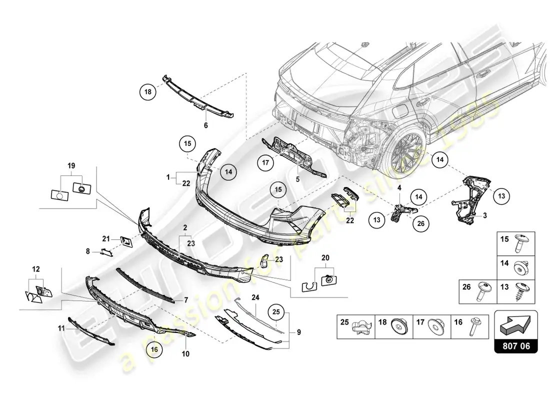 lamborghini urus s (2024) bumper, complete rear parts diagram