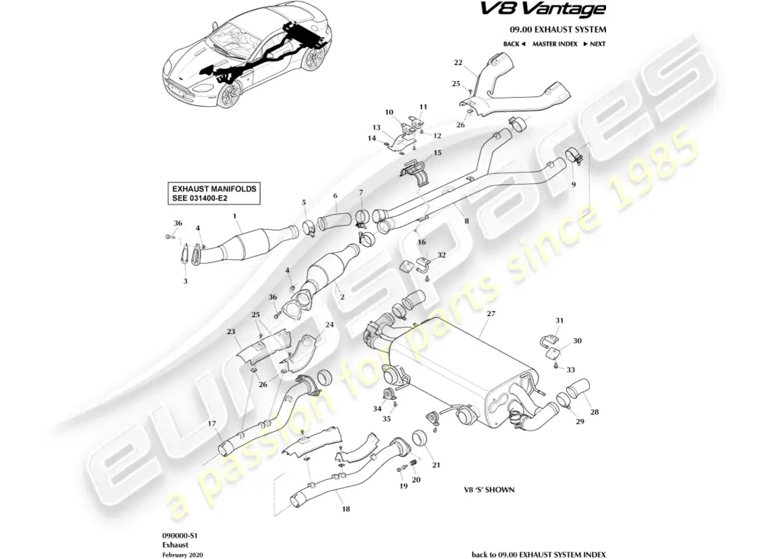 aston martin v8 vantage (2015) exhaust system part diagram