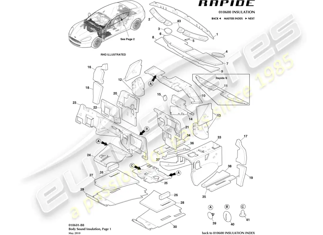 aston martin rapide (2017) noise insulation, front parts diagram