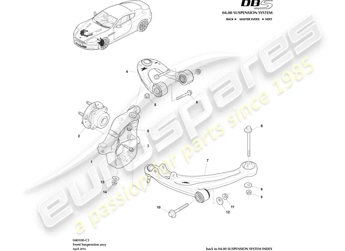 aston martin dbs (2009) front suspension assembly parts diagram