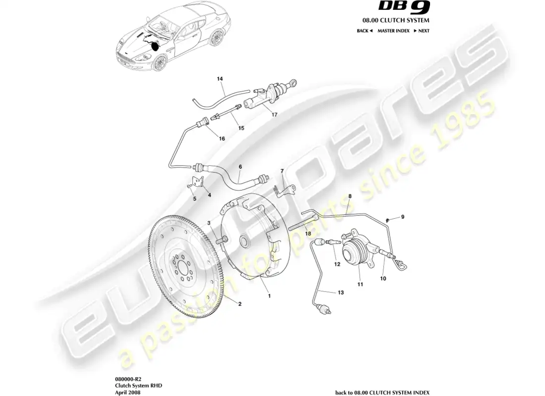aston martin db9 (2011) clutch system, rhd parts diagram