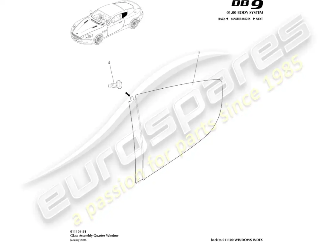 aston martin db9 (2011) rear quarter glass, coupe parts diagram