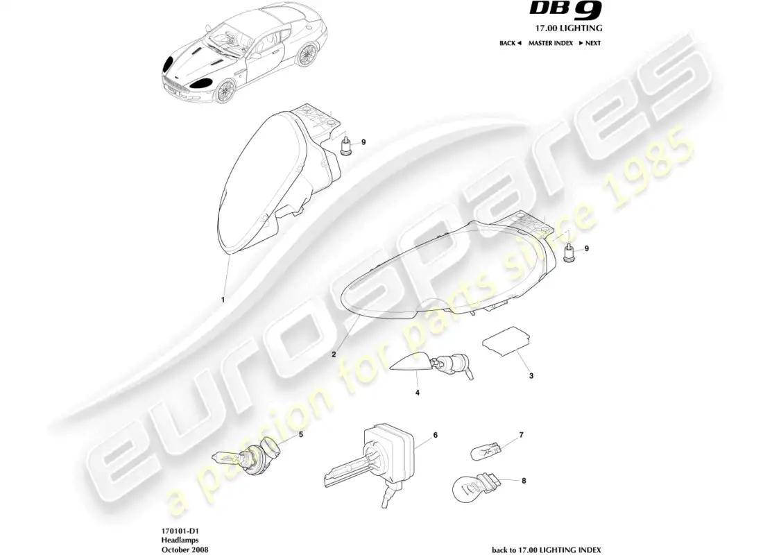 aston martin db9 (2005) headlights parts diagram