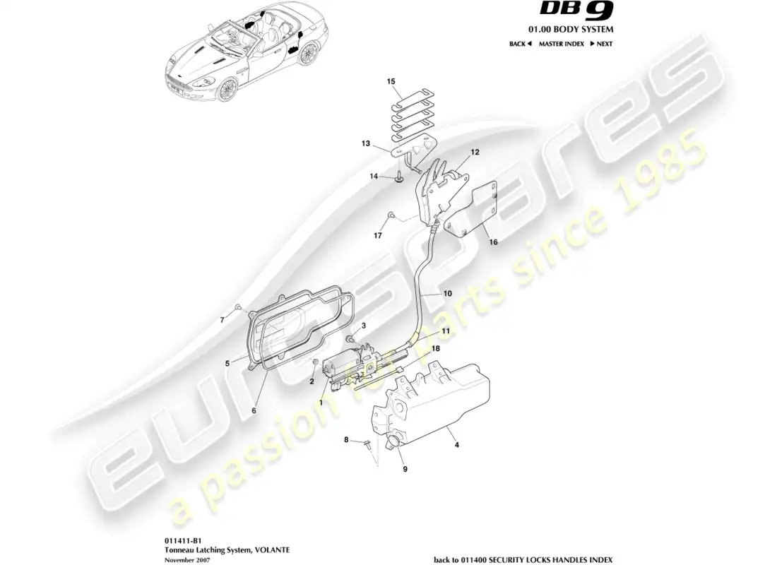 aston martin db9 (2007) tonneau latching system parts diagram
