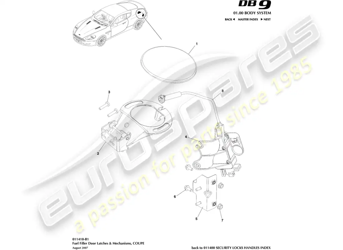 aston martin db9 (2007) fuel filler mechanism, coupe parts diagram
