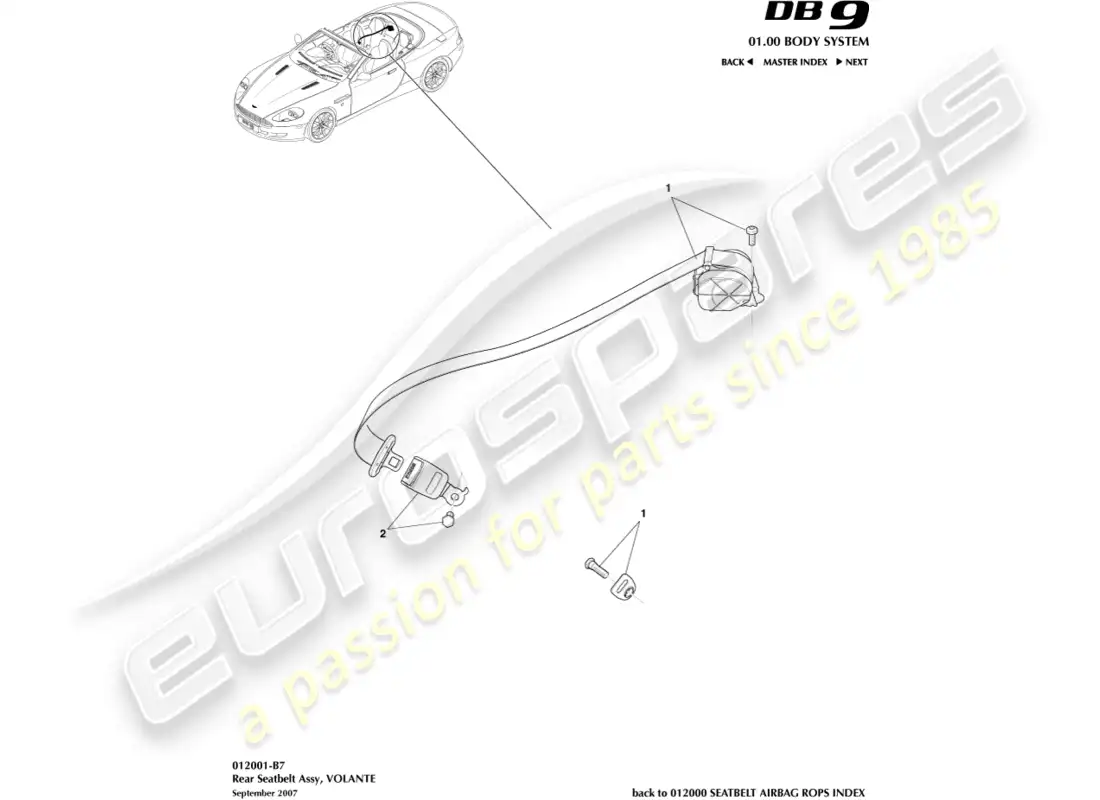 aston martin db9 (2012) rear seat belts, volante parts diagram