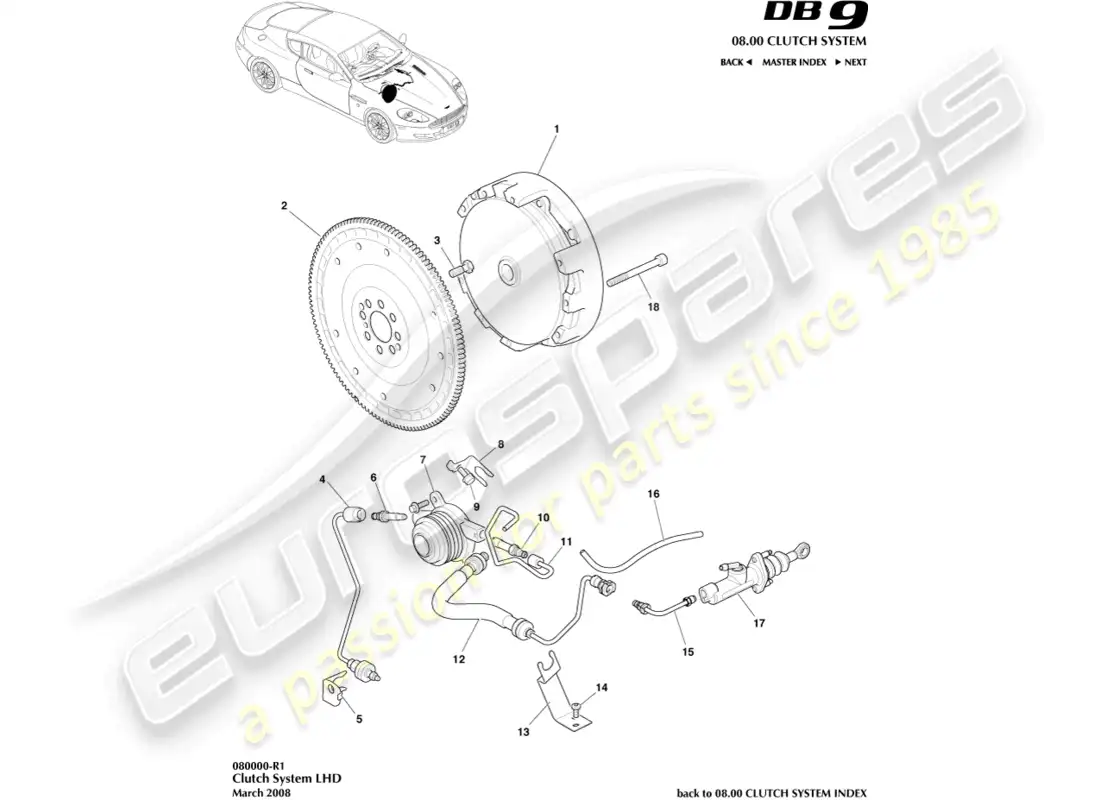 aston martin db9 (2011) clutch system, lhd parts diagram