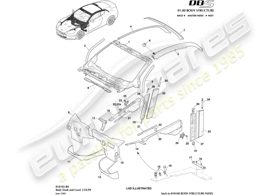 aston martin dbs (2011) body dash and cowl, coupe parts diagram