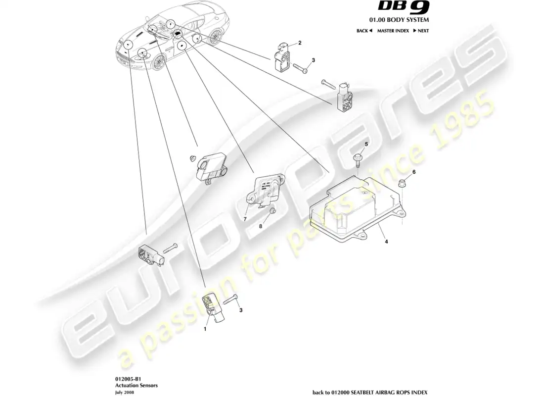 aston martin db9 (2012) actuation sensors parts diagram