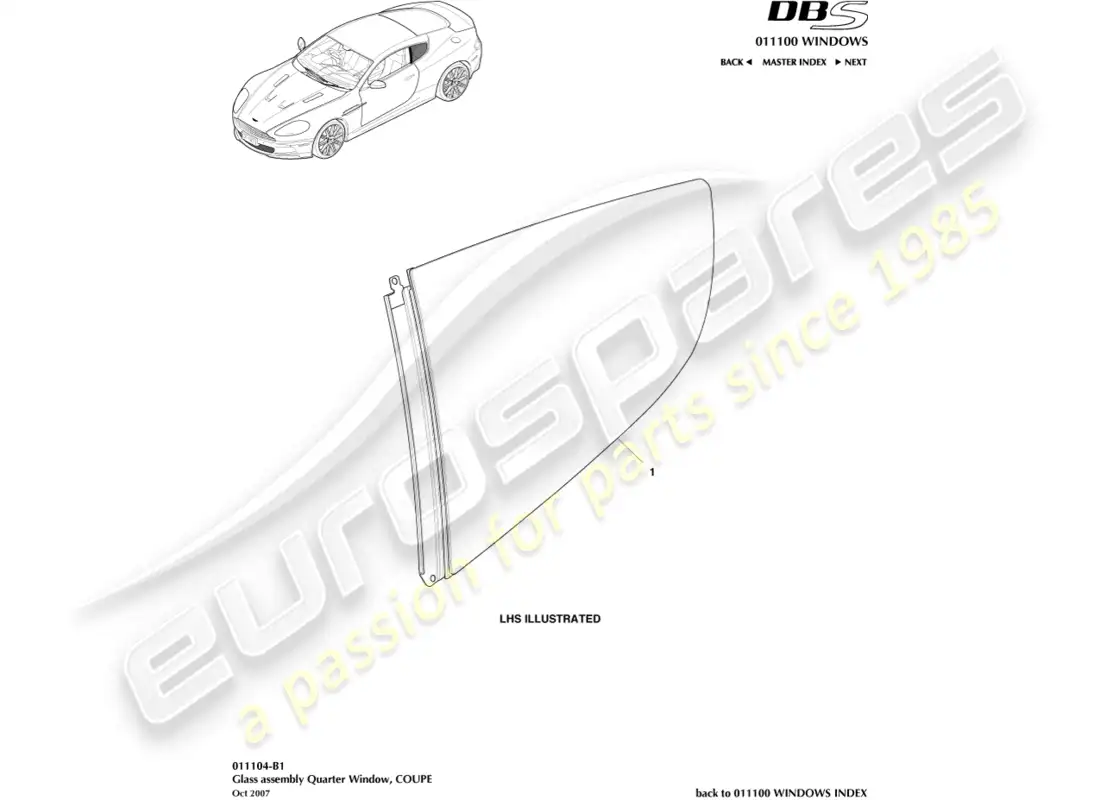 aston martin dbs (2009) rear quarter glass, coupe parts diagram