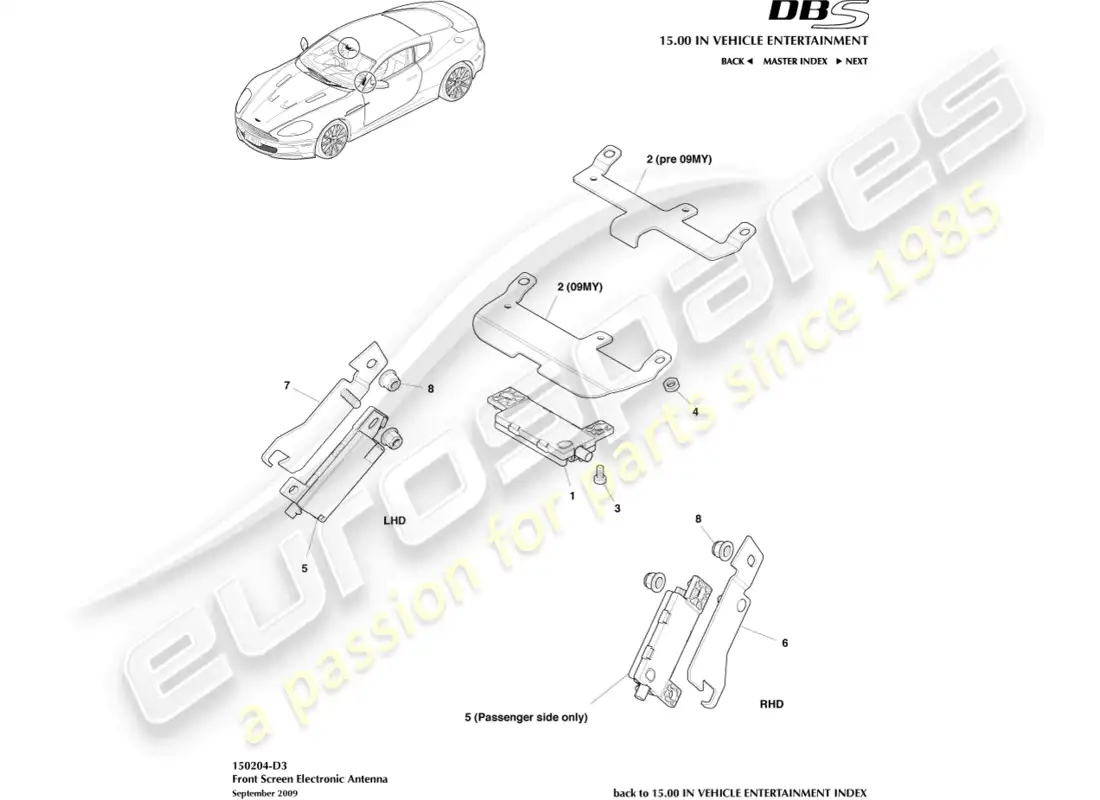 aston martin dbs (2014) electronic antenna, windscreen parts diagram