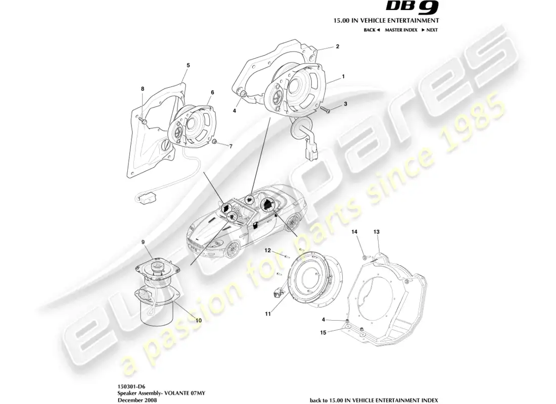 aston martin db9 (2005) speakers, 07my, volante parts diagram
