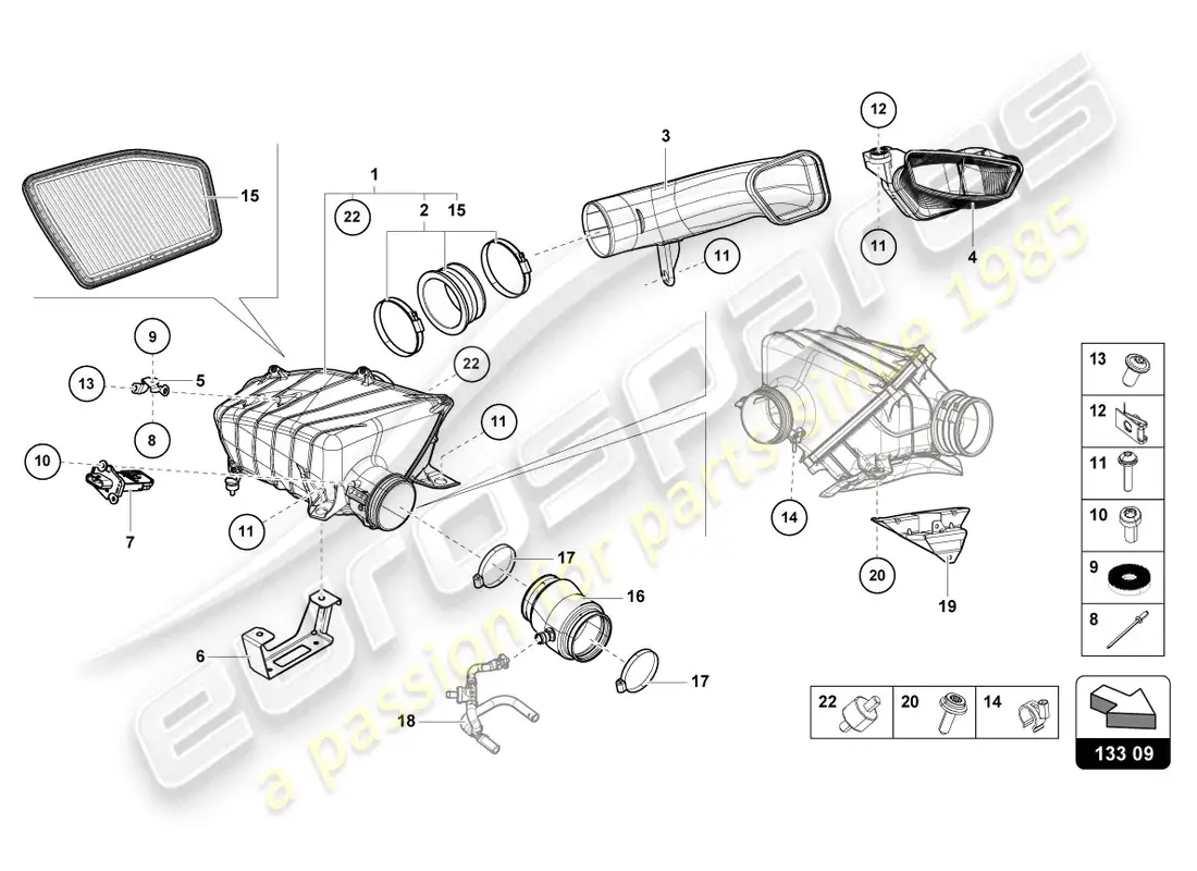 lamborghini evo spyder (2022) air filter housing parts diagram