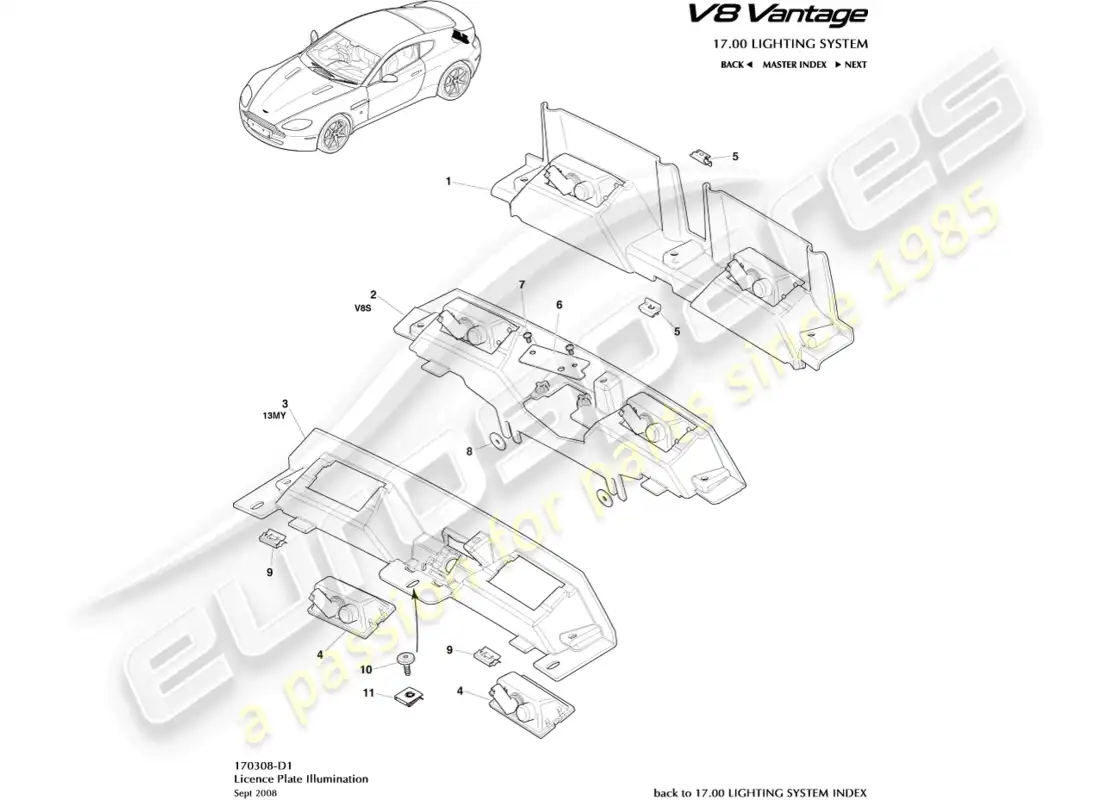 aston martin v8 vantage (2015) license plate lamps part diagram