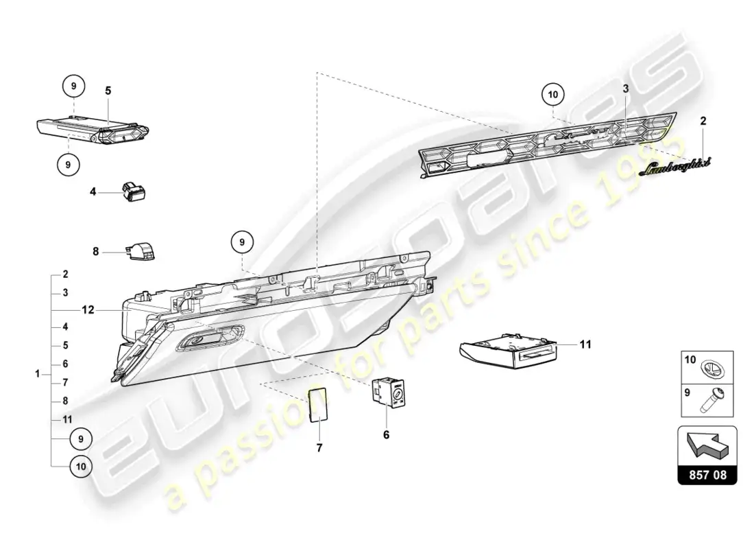 lamborghini evo coupe (2023) glove compartment parts diagram