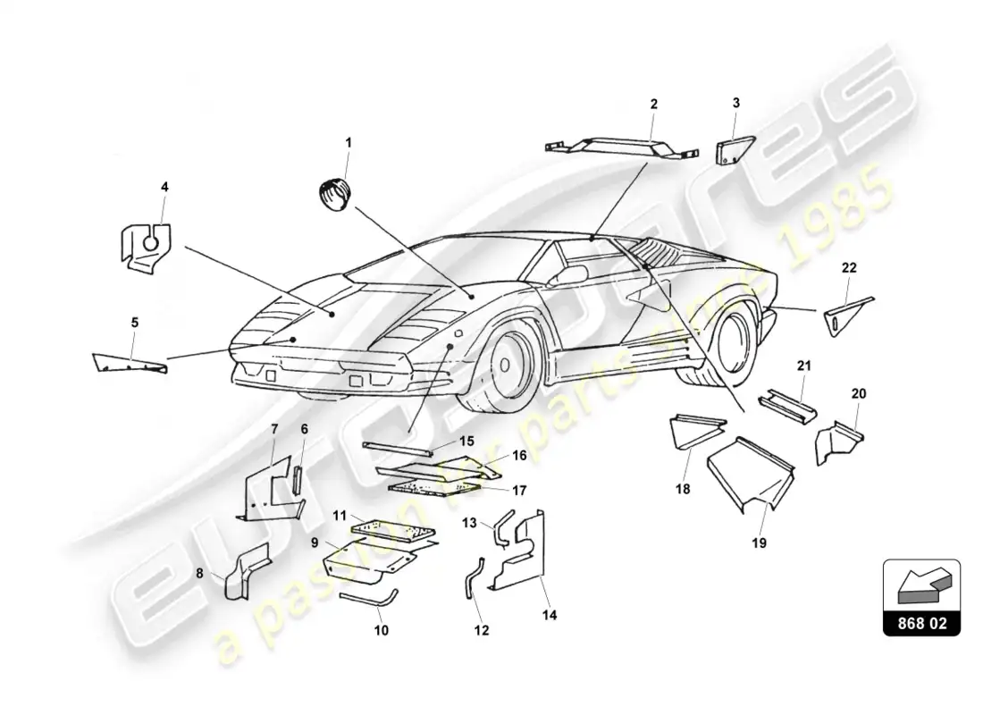 lamborghini countach 25th anniversary (1989) supports and guards parts diagram
