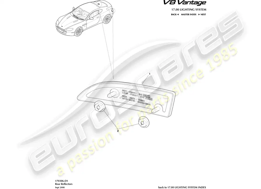 aston martin v8 vantage (2015) rear reflectors part diagram