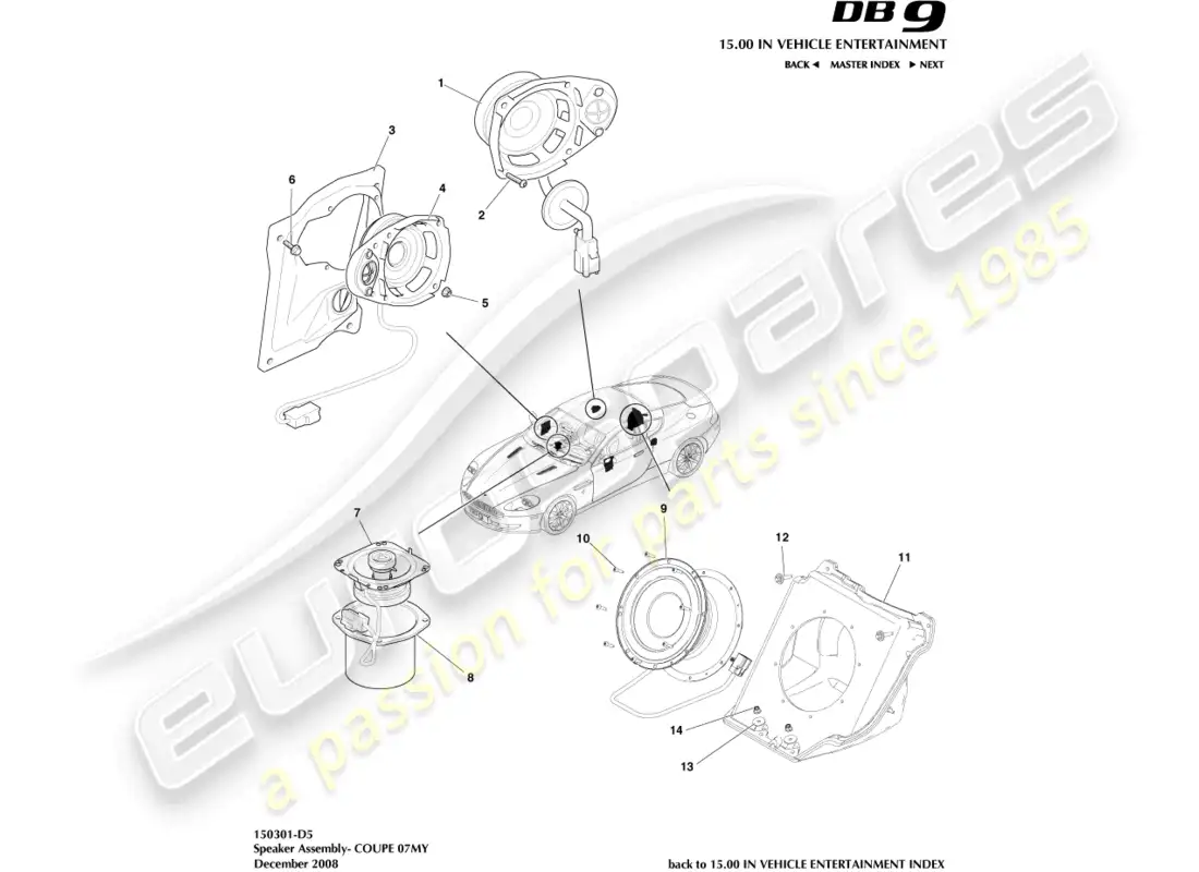 aston martin db9 (2005) speakers, 07my, coupe parts diagram