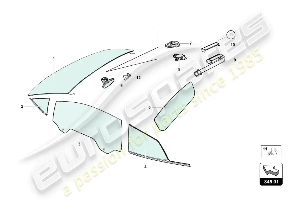 lamborghini evo coupe 2wd (2023) window glasses parts diagram