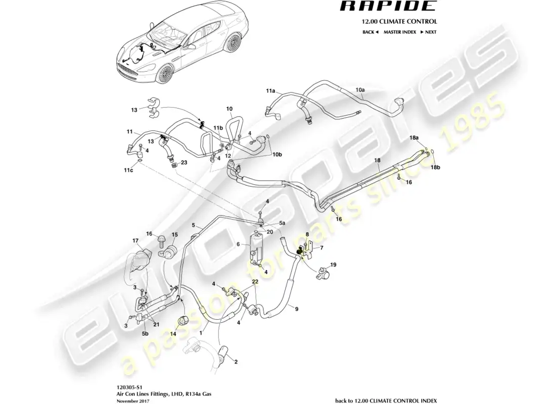 aston martin rapide (2012) air con lines, r134a, lhd parts diagram