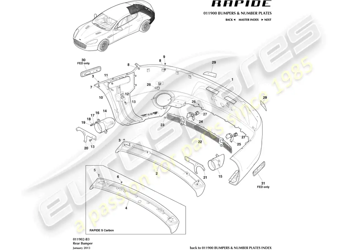 aston martin rapide (2011) rear bumper parts diagram