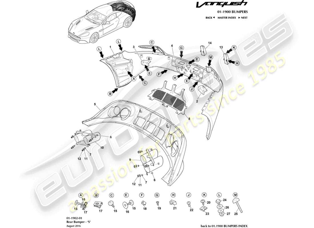 aston martin vanquish (2015) rear bumper, s part diagram
