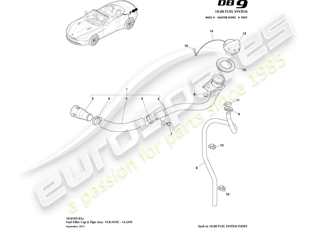 aston martin db9 (2015) fuel filler assembly, volante 14.5my parts diagram